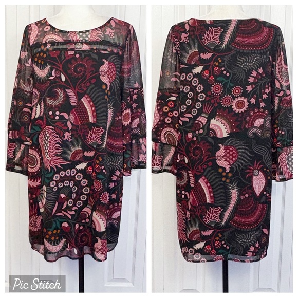 LOFT Burgundy Multi Floral Print Sheer Tiered Flare Sleeve Mini Dress - Picture 1 of 16
